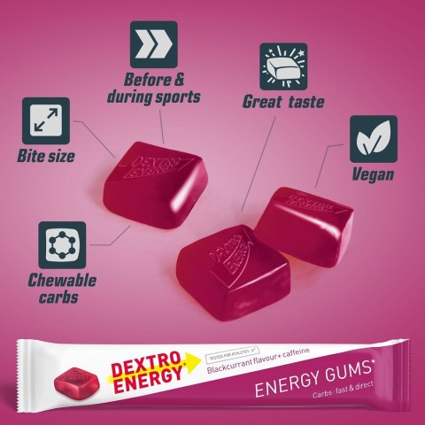 Gumy energetyczne o smaku czarnej porzeczki z kofeiną dobre skuteczne Dextro Energy Energy Gum Blackcurrant Caffeine 45g