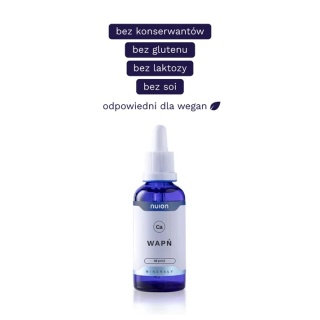 Wapń płyn krople MOCNE kości mięśnie zęby BEZ konserwantów barwników glutenu laktozy WEGE chlorek wapnia Puromedica NUION 50ml
