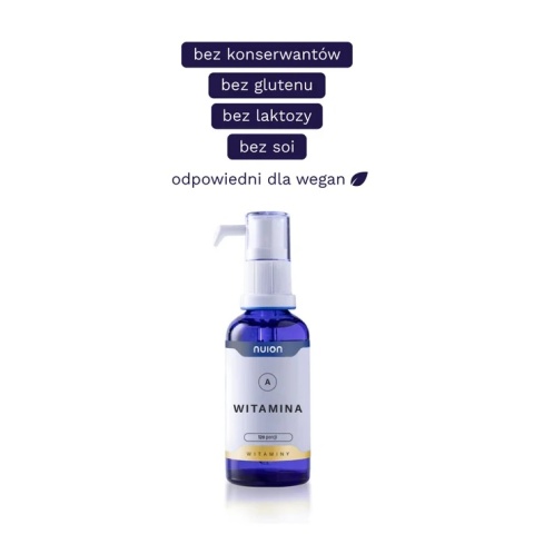 Witamina A płyn krople WSPIERA skórę paznokcie włosy BEZ konserwantów barwników laktozy glutenu WEGE Puromedica NUION 50ml